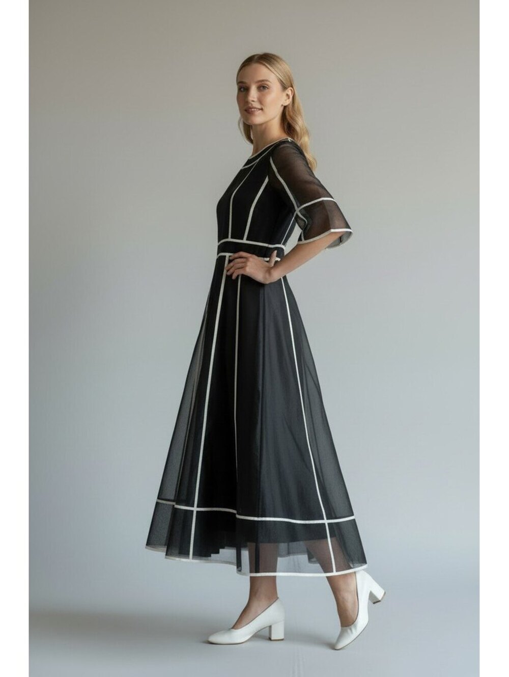 Ming Wang Black White Grid Sheer Sleeve Midi Dress NWT M